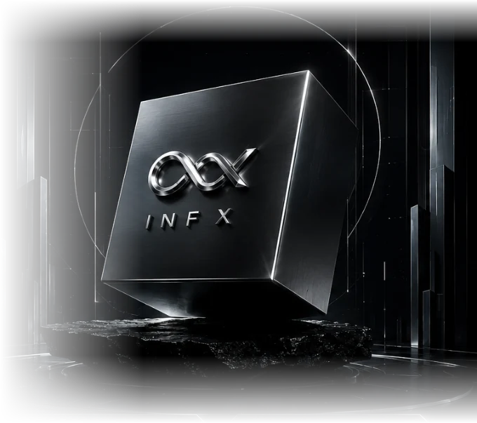 The INF X mark on a machined chrome cube